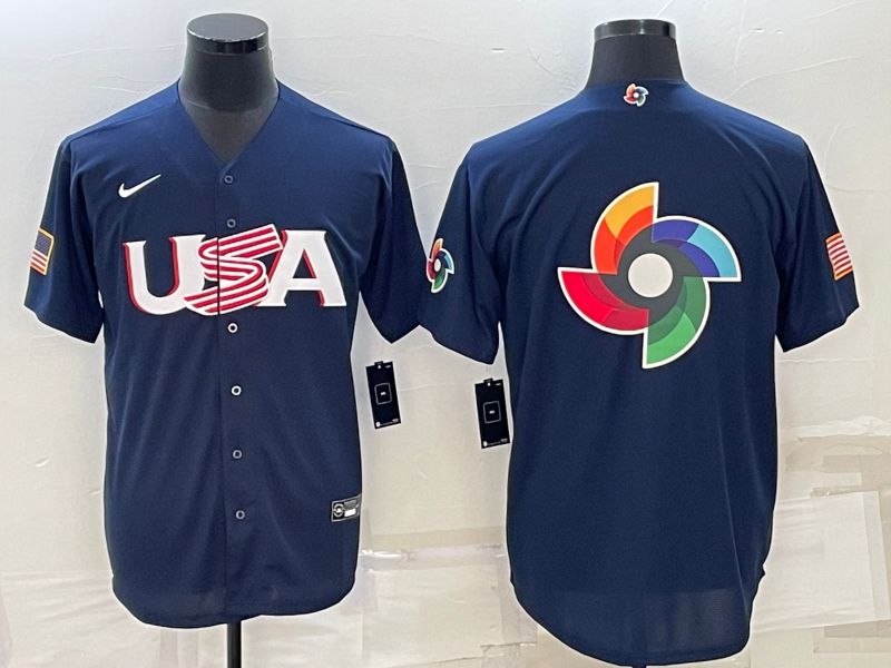 Men 2023 World Cub USA Blank Blue Nike MLB Jersey4->women mlb jersey->Women Jersey